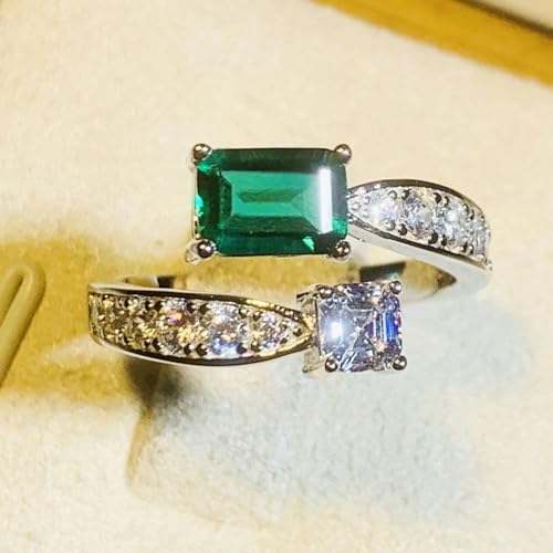 White Gold Plated Green Rectangle Cubic Zirconia Inlaid Vintage Adjustable Engagement Rings Wedding Bridal Band Promise Rings Evening Parties Anniversary Valentine's Day Gifts Eternity Bands for Women2