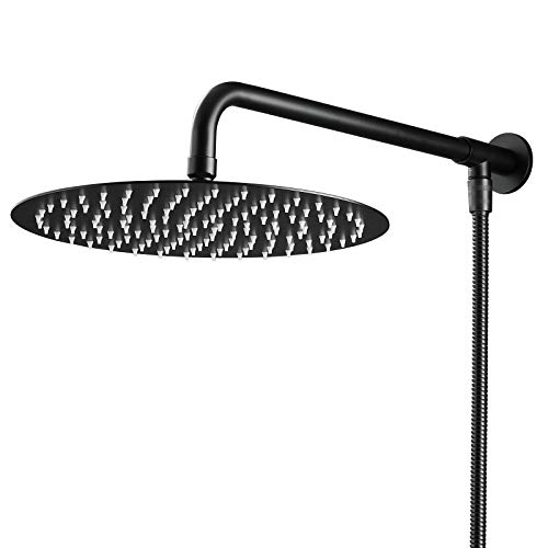 10 pulgadas Redondo montado en la pared Juego de cabezal de ducha con brazo de ducha y manguera, diseño ultrafino con refuerzo de lluvia, negro, Beelee BLR10B-SET Cover