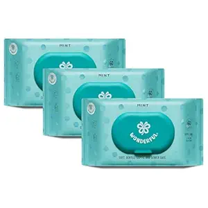 WONDERFUL Flushable Wipes, Mint 100% Plant-Based Wet Wipes for Adults & Kids, Sewer & Septic Safe, Gentle for Sensitive Skin, Wipes Flushable Pack for Bathroom & Travel, 3-Pack (180 Counts)