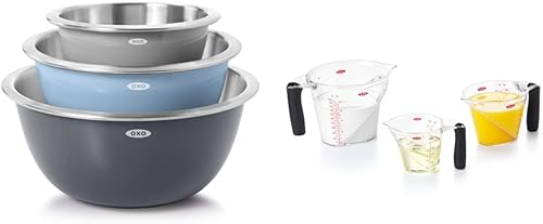 OXO Good Grips - Juego de cuencos de acero inoxidable de 3 piezas + tazas medidoras en ángulo de 3 piezas