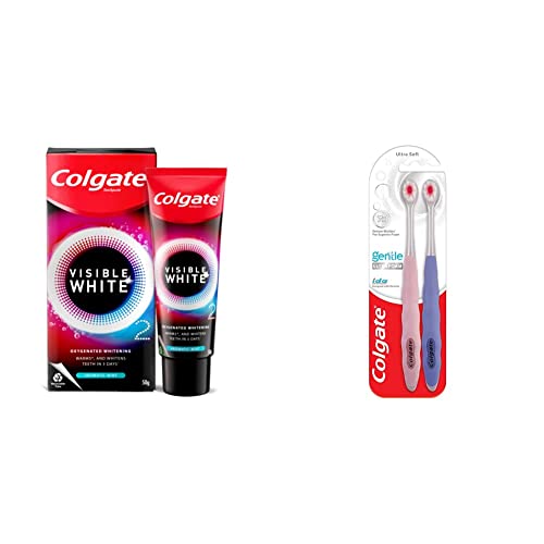 Image of Colgate Visible White O2, Teeth Whitening Toothpaste, Aromatic Mint, 50g, Active Oxygen Technology, Enamel Safe Teeth Whitening Product & Gentle UltraFoam Ultra Soft Bristles Toothbrush, 2 Pcs
