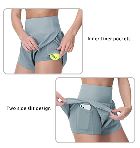 The Gym People Women’s Quick Dry Running Shorts Mesh Liner High Waisted Tennis Workout Shorts Zipper Pockets (Medium, Denim Blue) #TOP5