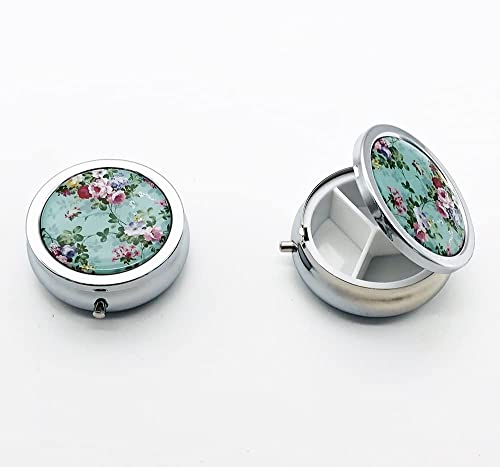 Vintage Floral Custom Round Silver Pill Box Pocket 2.1 Inches Medicine Tablet Holder Organizer Case For Purse #TOP5
