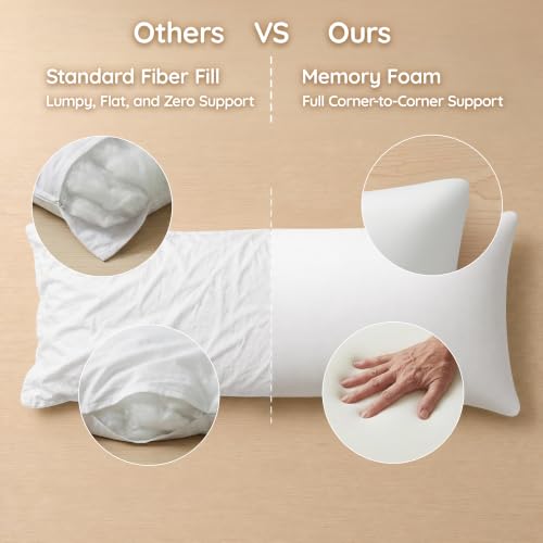 Image of AM AEROMAX 12x32 Memory Foam Throw Pillow Insert, Rectangular Lumbar, White | Long accent shape decorates bed /sofa /couch | full pillow-cover look | resists sagging | comfortable to lean on