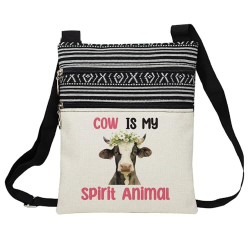 Spirit Animal Cow Messenger Bag Small Ethnic Pattern Printed Adjustable Strap Crossbody Zipper Bag Phone Bag Wallet Cute Shoulder Handbag for Cow Lovers Women Friends