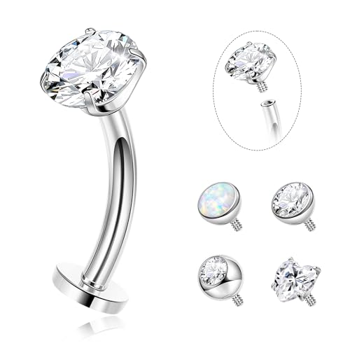 YOVORO 14G G23 Pure Titanium Floating Belly Button Ring for Women Flat Back Petite Belly Navel Ring Hypoallergenic Internally Threaded Navel Ring with Opal CZ Replacement Ball Belly Piercings Jewelry Silver 8MM