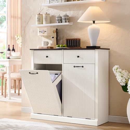 Image of IFBUY Double Tilt Out Laundry Hamper Cabinet, Modern Trash Cabinet, White