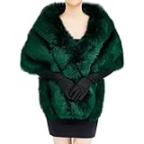 Zhanmai 2 Pcs Winter Faux Fur Long Shawl Cloak Stretchy Satin Glove Opera Bridal Dance Gloves for Women Dress Party Coat(Standard,Stylish,Atrovirens)