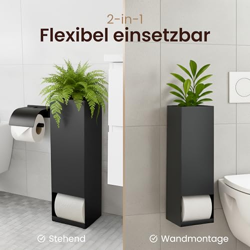 LAVIOX Toilettenpapierspender mit Pflanzenfach – schwarz matt, pulverbeschichtetes Metall – zur Aufbewahrung von 3 großen Klorollen, 15 x 15 x 50 cm (LxBxH)