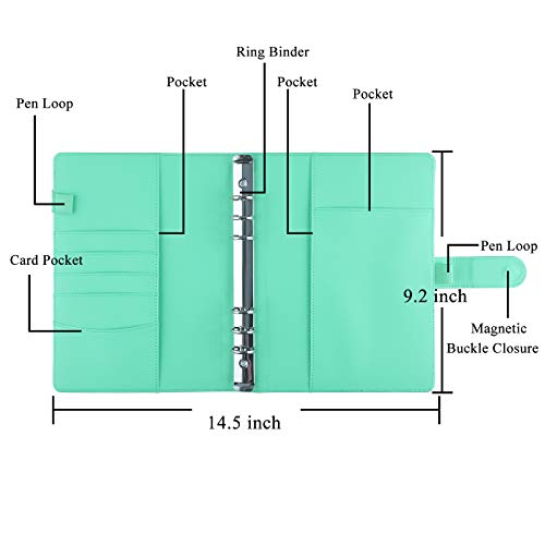 Image of Antner A5 Notebook Binder 6 Ring Refillable Budget Planner Cover for Cash Organizer, PU Leather Loose Leaf Photocard Holder Aesthetic Binder with Magnetic Buckle for A5 Planner Inserts, Light Green