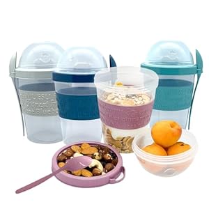 4-Pack Yogurt Parfait Cups with Lids and Spoons, Reusable Yogurt Containers for On-the-Go, Portable Yogurt Cups with Topping Storage, Ideal for Oatmeal and Breakfast Prep (20 oz)