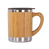 Bamboo Handle Coffee Mug With Lid, Stainless Steel Insulated Wooden Cup, Thermos Tea Cup Spill Proof Bamboo Lid, 12 Ounces Travel Mug With Handle & Lid, Decorative Unique Gift For Men & Women