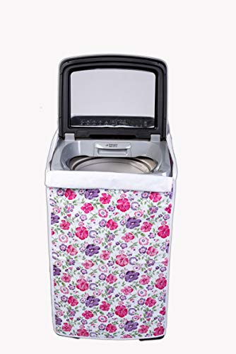 Image of Classic Top Load Washing Machine Cover Suitable for Bosch Back Panel 6.5 Kg, 7 Kg, 7.5 Kg, 8 Kg, 8.5 Kg (57cmsX56cmsX95cms, White & Pink Flower, Medium)