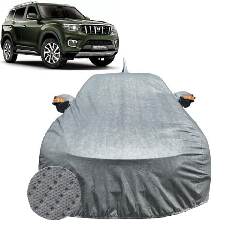 Image of Car Cover For Mahindra Scorpio N (2022-2026) | 100% Waterproof Cover with Antenna & REFLECTIVE Mirror Pockets | Dustproof, Scratchproof, Heatproof Scorpio N Car Cover |Soft Cotton Lining|GREY