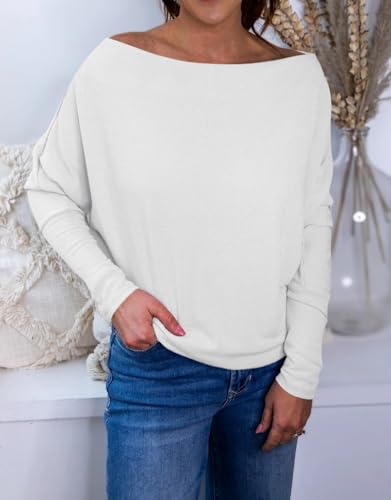 Okiwam Women's Fall Tops Long Batwing Sleeve Shirts Boat Neck Off The Shoulder Loose Tunic Blouses 2025 Fashion Clothes