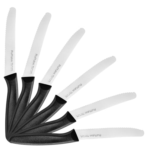 Ruffulon Set di 6 coltelli da pomodoro, coltello da tavola classico, coltelli da cucina, coltello da pane affilato, coltello tascabile seghettato, impugnatura ergonomica, nero.