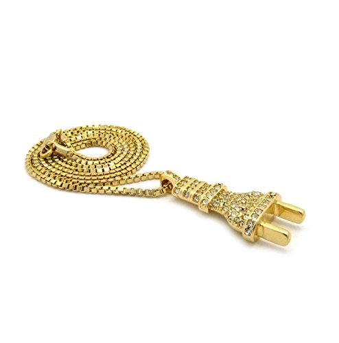 Fashion 21 Hip Hop Pave Electric Plug Pendant 24" Various Chain Necklace in Gold Tone (2mm 24" Box Chain) - Thumbnail 4