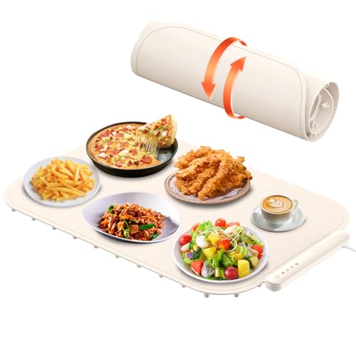 Food Warming Mat, Electric, Adjustable Temperature, Rollable Silicone Heating Mat (Beige)