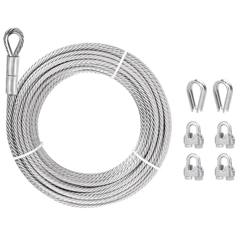 3/8 Stainless Steel Cable 10ft 304 Stainless Steel Aircraft Cable with 12000lbs Breaking Strength 7x19 Strands Wire Rope with Clamps & Thimble for Ziplines Boat Lifts Deck Railings Winch Cable