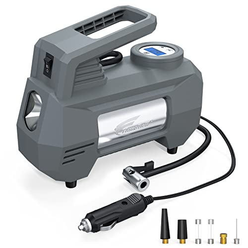 HAUSBELL Portable Car Air Compressor, 2022 Product Upgraded Fully, Continuously Inflate 4 Tires, 12V DC Car Tire Air Pump, 150 PSI with Emergency LED Light, for Car Motorcycle Bicycle (Grey)