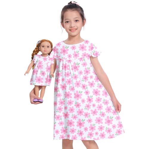 ICOSY Matching Doll & Girls Nightgowns Clothes Girls Pajamas Sleepwear Outfit for Kids and 18" Girl Doll Light Pink