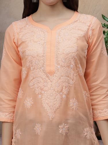 Image of Seva Chikan Hand Embroidered Lucknowi Chikankari Appricoat Peach Terivoil Cotton Kurta for Women SCL4603
