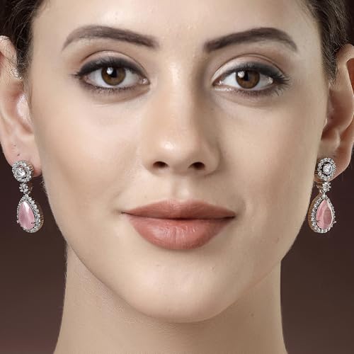 Image of Zeneme Fashion Rhodium Plated Brass Silver Toned Fancy Tear Drop Dangle Earring For Women and Gifts For Girls