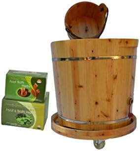 New Arrival Ultimate Foot Soak Home Spa- 5 Items: Tall Cedar Wood with Drainage Hole/Tube tub, Small Cedar Wood Bucket, Cedar Wood Tub Moving Wheel, Natural Chinese Foot Soak Herbs, Mugwort Herbs