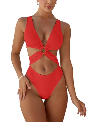 Women's One Piece Swimsuits Deep V Neck Front Crisscross Cutout Slimming Bathing Suit