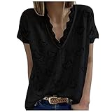 NHNKB Klassisches Tshirt Damen Lockeres Damen BluseSpitzeBasicTop Bluse Streifen Pullover Tägliches Stilvolles Hemd Damen Einfarbiges Damen-Baumwoll-Leinen-Mode-V-Ausschnitt Oberteil Kurzarm