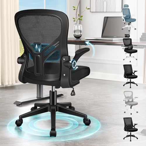 ELFORDSON Ergonomic Office Chair, Adjustable Lumbar Support Desk Chairs for Home Office, Mid-back Swivel Mesh Computer Chair with Flip-up Armrests, Tilt Function, Black