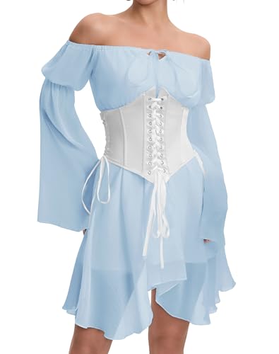 Image of Womens Corset Dress Off Shoulder Bell Sleeve Casual Party Pirate Fairy Dress Set