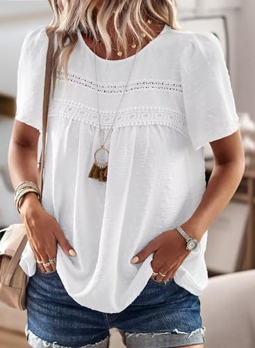 womens summer tops crewneck short sleeve shirts casual chiffon blouses flowy lace hem boho clothing trendy 2025