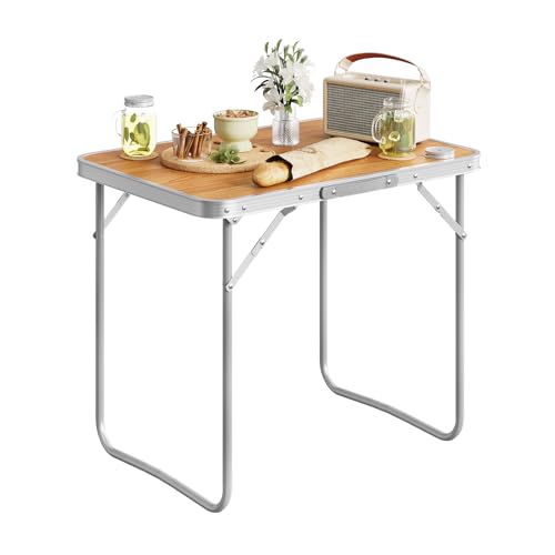 WOLTU Mesa de Camping, Mesas Plegable de Jardín, con Mango Multifuncional, Aluminio y MDF, Ideal para Picnic Playa Exteriores, 70x50x60 cm, Roble - imagen 7