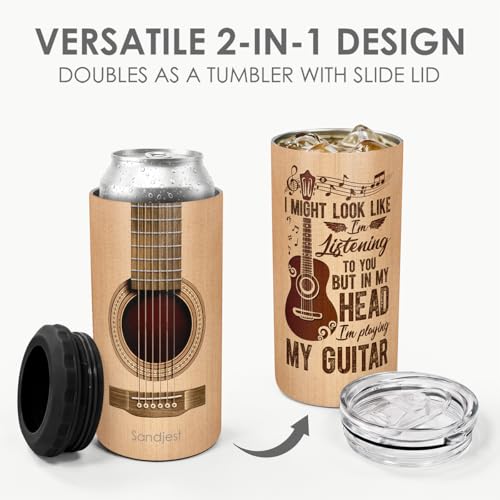 Image of Guitar Can Cooler 12oz - Travel Mug Cup - Stainless Steel Insulated for Men Women - Tumbler Cans Koozie, Beach Gift for Summer Vacation, Christmas, Birthday