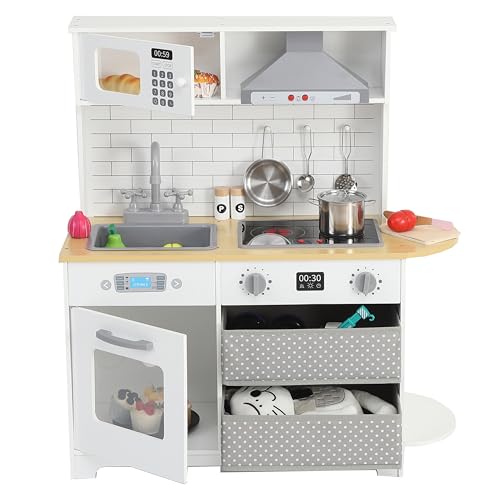 Play Kitchen for Kids, Wooden Kitchen Toy Playset with Stove, Oven, Sink and 17 Pcs Toy Food & Cookware Acces, Pretend Play Kitchen with 2 Fabric Drawers for Toddlers, Preschoolers Age 3+ Years, White