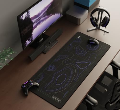 Image of Kreo Terra XXL Deskmat Premium Glass - Smooth Surface, 4mm Cushioned Base, Anti-Fray Stitched Edges - 900x400mm Large Desk Pad for Gaming & Work (Topographic)