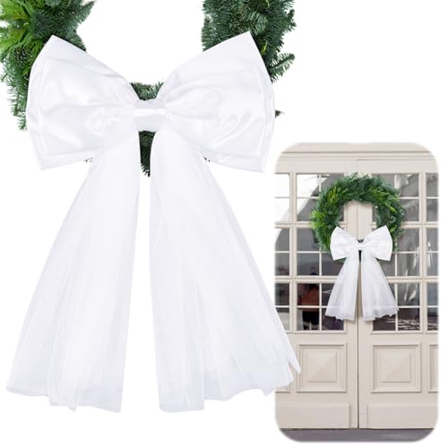 VitalCozy White Wreath Sash for Front Door, Tulle Bow, 15.7"