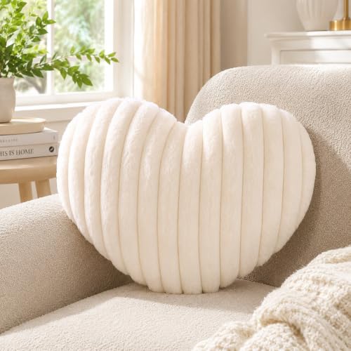 Mepherl 15.7 Inch White Heart Pillow,Soft Heart Shaped Pillow with Faux Rabbit Fur for Bed Sofa Couch Home Decor,Cute Heart Shaped Throw Pillows for Girls Women Valentine