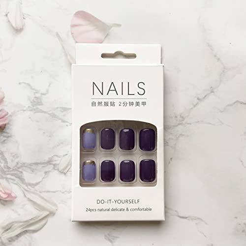 Purple Press On Nails Short Fake Nails Square False Nails Gold Foil Acrylic Nails Black Leaves Design Full Cover Glossy Stick On Nails Spring Summer Press On Nails Short Glue On Nails For Women 24Pcs #TOP5