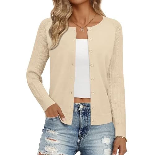 Ivicoer Women's Cardigan Sweater Button Up Cardigan Textured Sleeves Crew Neck Sweater Trendy Outfits 2026
