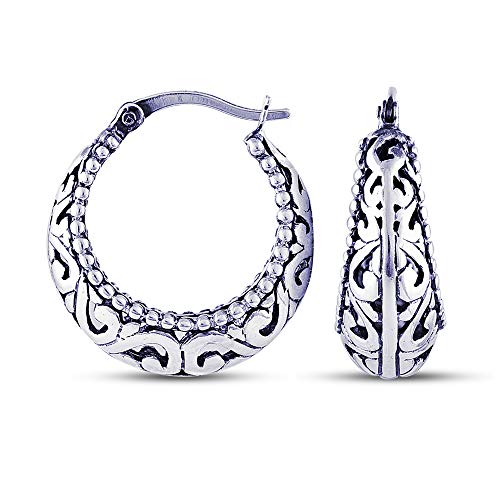925 Sterling Silver Antique Filigree Small Hoop Earrings for Women 20MM