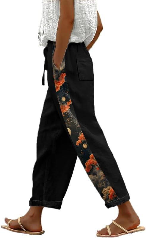 Wide Leg Pants Woman Japanese Art Side Stripe High Waist Casual Drawstring Pajama Palazzo Capri Plus Size Pants