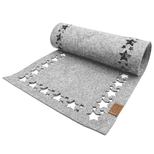 Miqio Camino de mesa de fieltro con diseño de estrellas, Decoracion Caminito de Mesa de Comedor de Invierno, 150 x 40 cm, lavable, tela de fieltro con etiqueta de piel auténtica, color gris claro