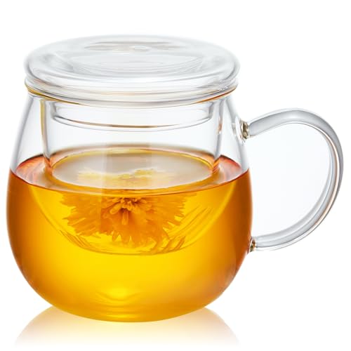 MESNEY Teeglas, Teetasse mit Deckel und Sieb, Hitzebeständiges Borosilikatglas, Für Losen und Blühenden Tee, Teetasse mit Sieb, Teetassen, Teegläser, Tee Tasse, Tasse mit Deckel, 500ml