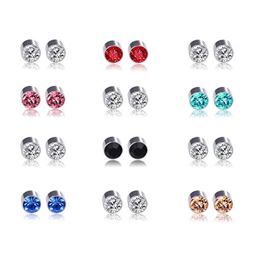 Multi Color Cubic Zirconia Stainless Steel Magnetic Stud Earrings 2-12 Pairs
