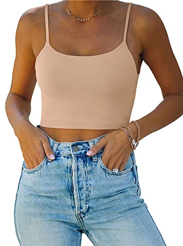 Reoria Women's Summer Basic Sleeveless Adjustable Spaghetti Strap Cami Camisole Fitted Seamless Yoga Cropped Tank Cute Crop Tops For Teen Girls Nude Small #TOP9