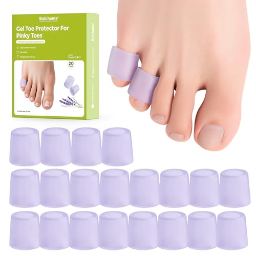 Image of Bukihome Silicone Toe Protectors - Silicone Open Pinky Toe Sleeves for Hammer Toes, Corns, Calluses, Blisters - Soft Gel Protector Toe Cushions for Pain Relief - 20 Count, Lavender (10 Thick +10 Thin)