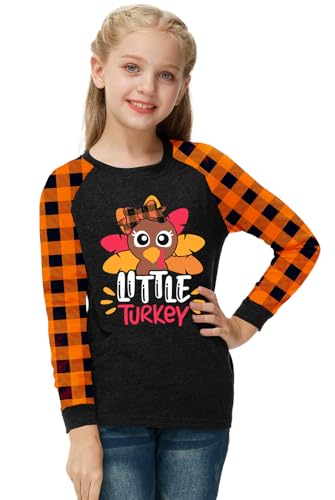 Image of Remimi Girls Thanksgiving Shirts Buffalo Plaid Raglan Tee Cute Turkey Holiday Party Long Sleeve Tshirt 5-14 Years