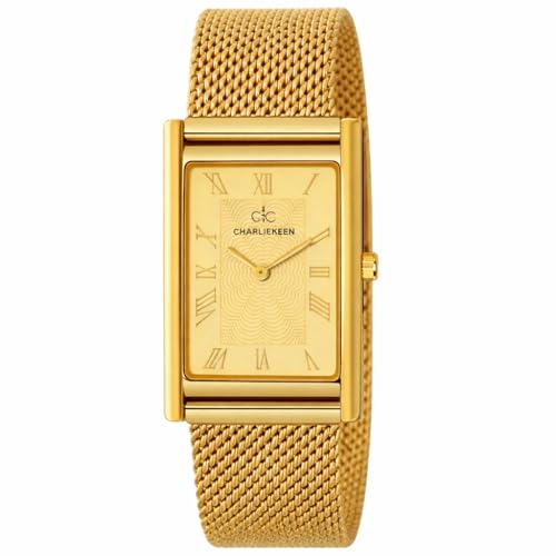 Image of CHARLIEKEEN Rectangular Watch, Gold, Mesh Strap, Roman Numerals, Textured Dial for Men